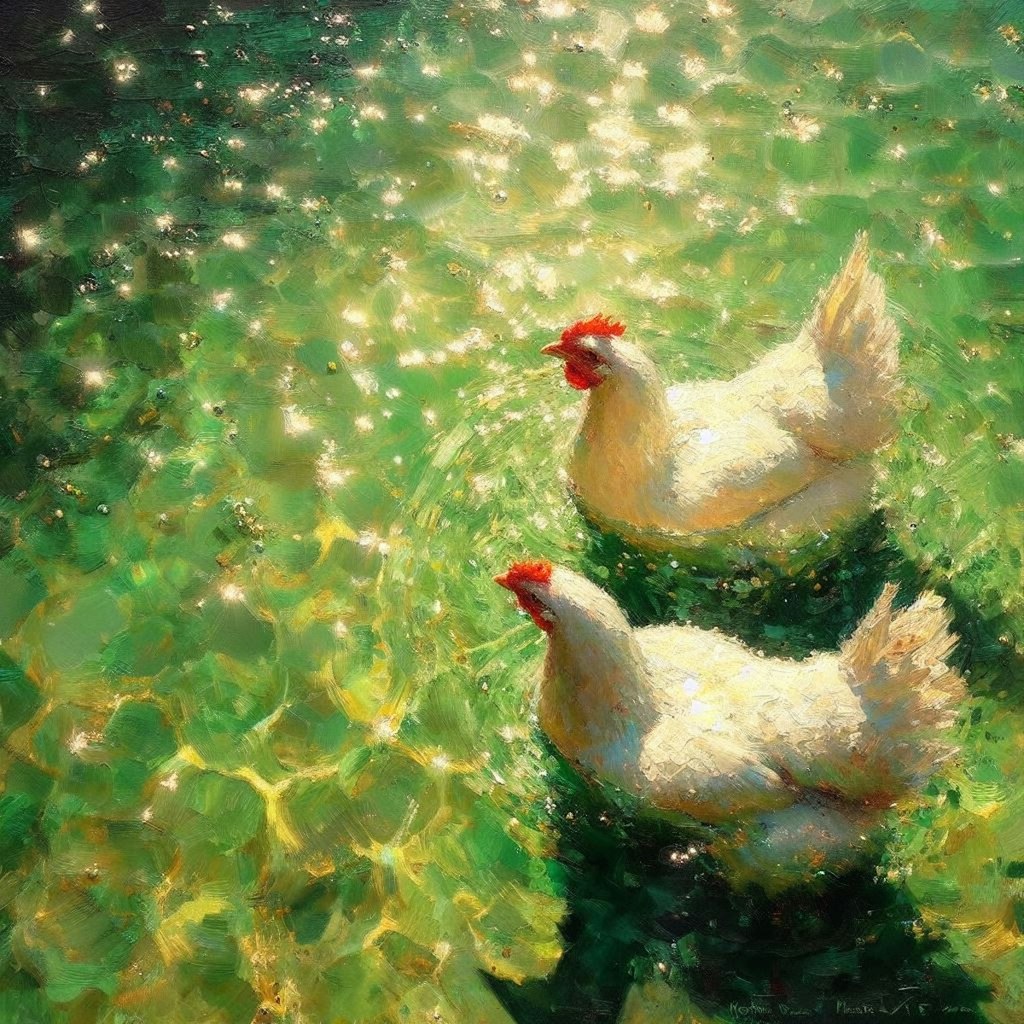 White hens in green water