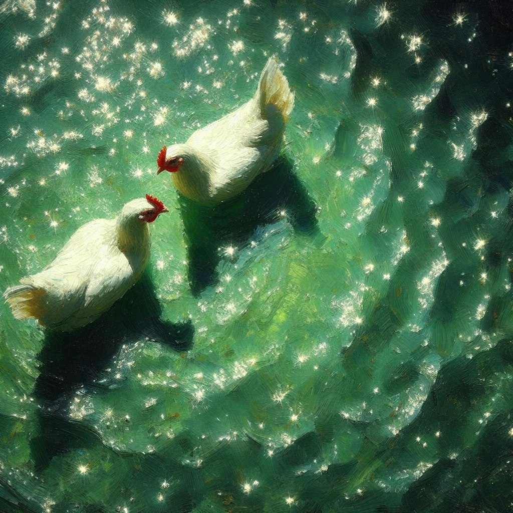 White hens in green water