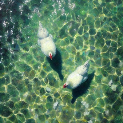 White hens in green water