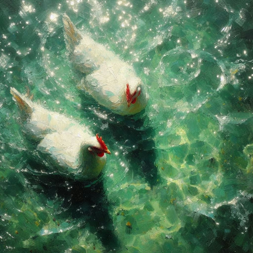 White hens in green water