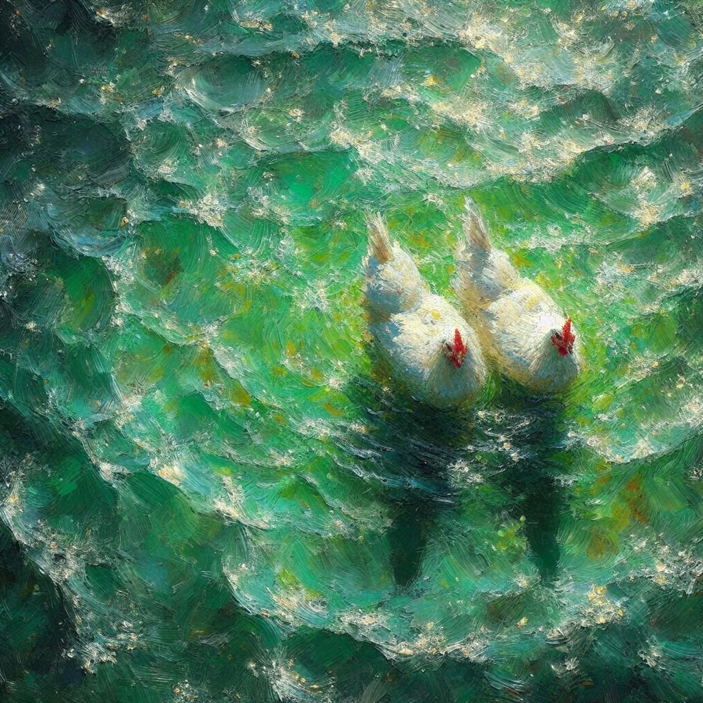 White hens in green water