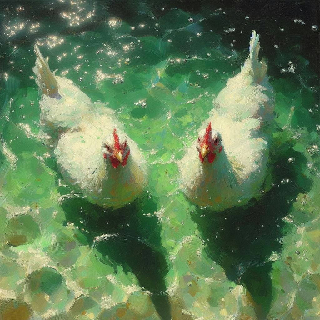 White hens in green water