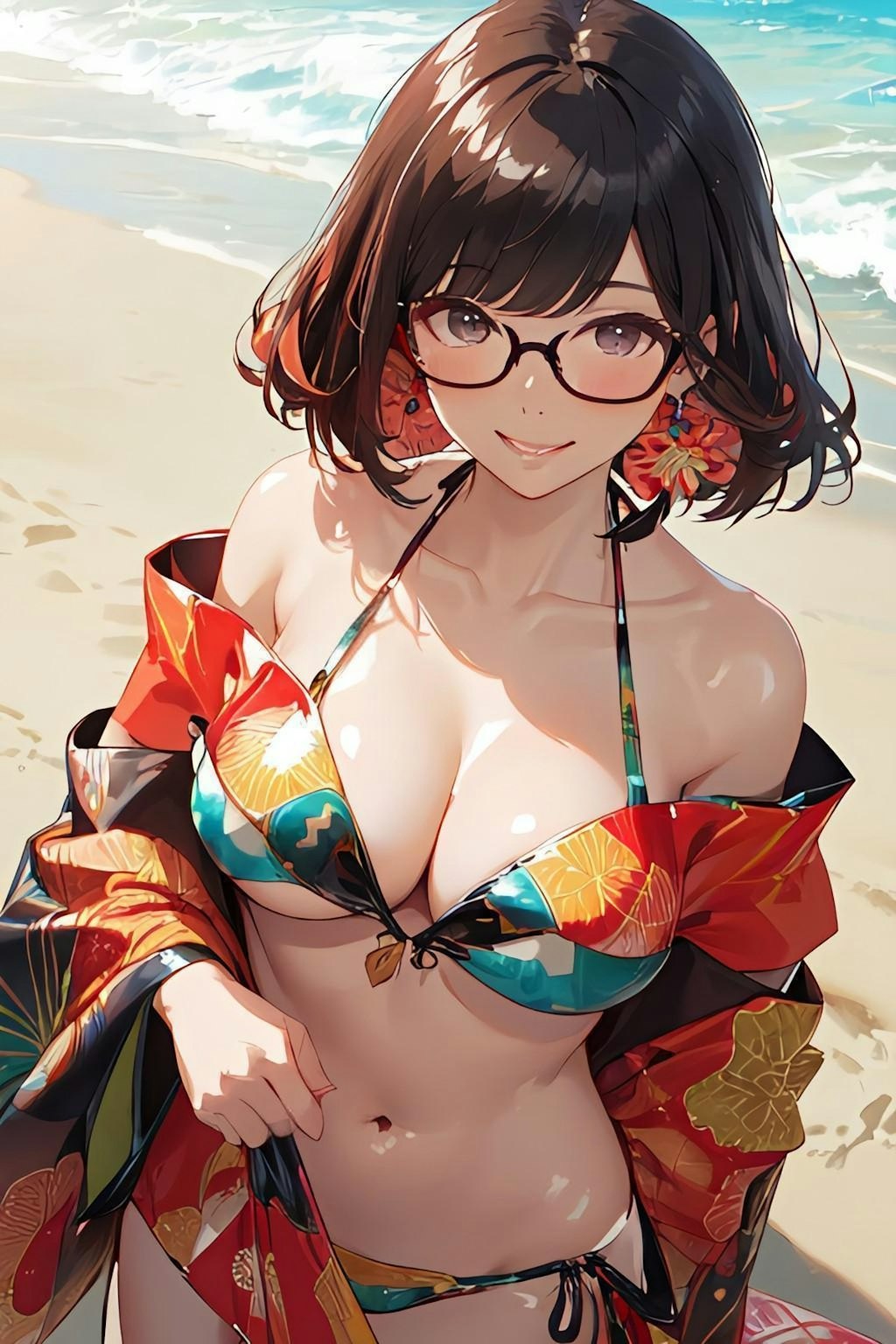 和柄ビキニのお姉さん👘👙