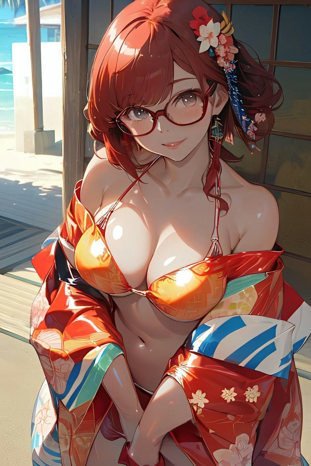 和柄ビキニのお姉さん👘👙