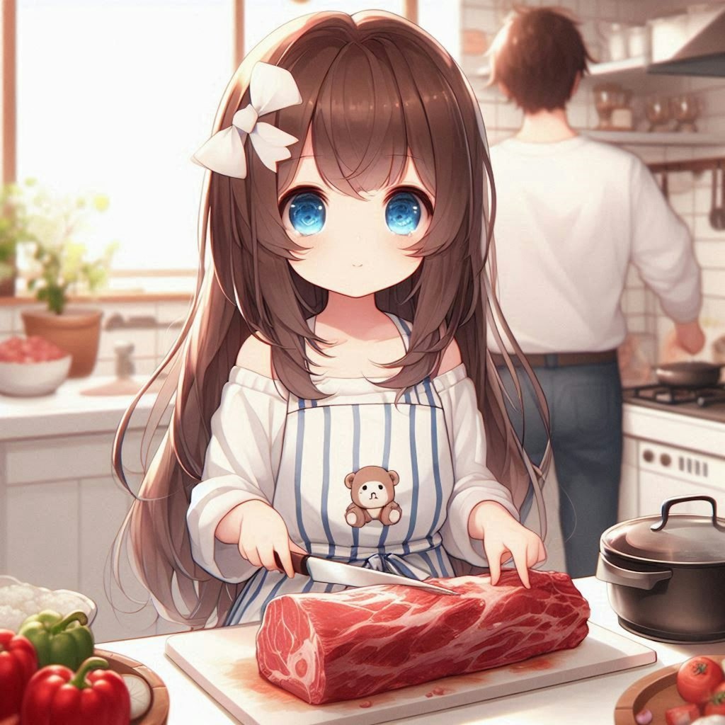 恋人のために肉料理を作る小さな女の子