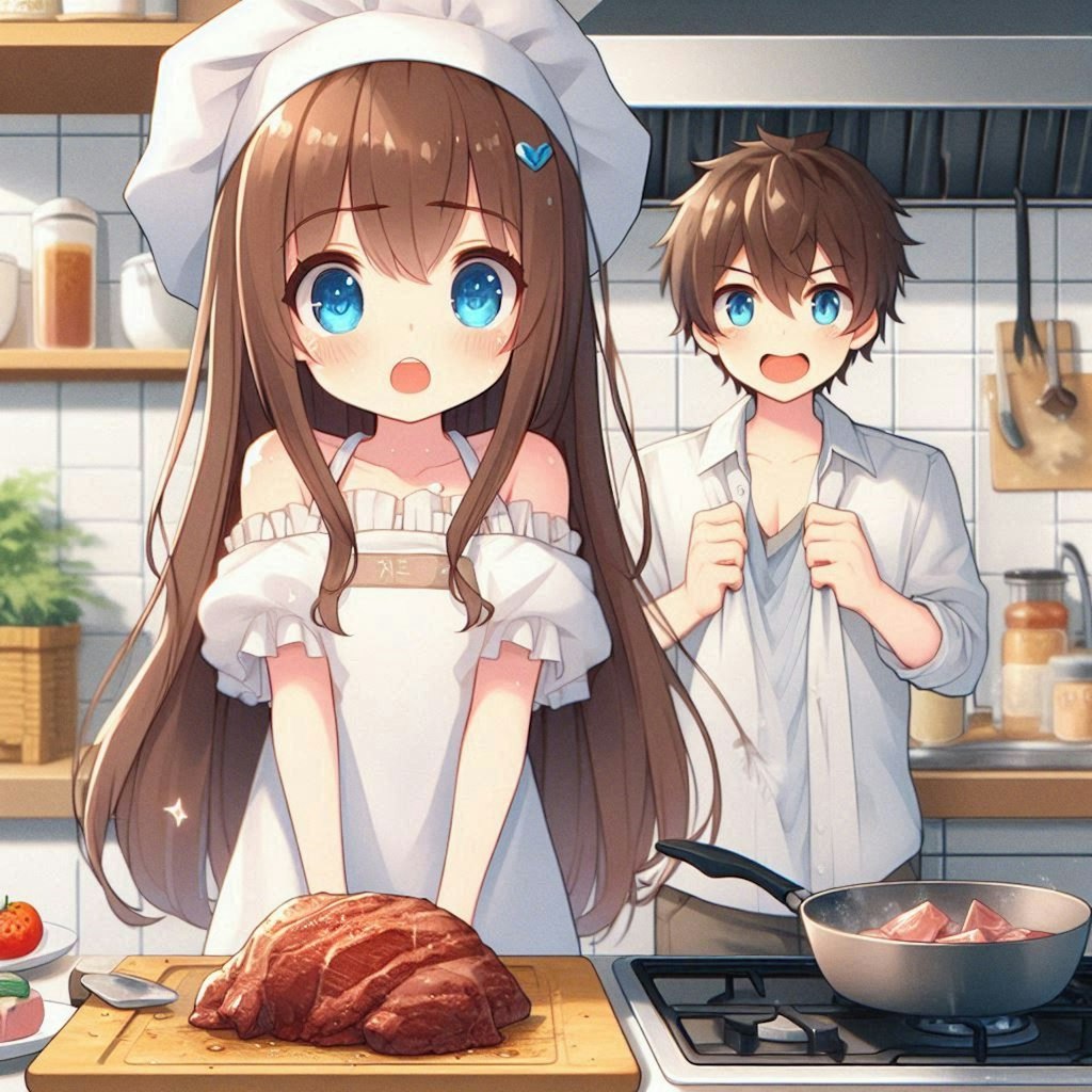 恋人のために肉料理を作る小さな女の子