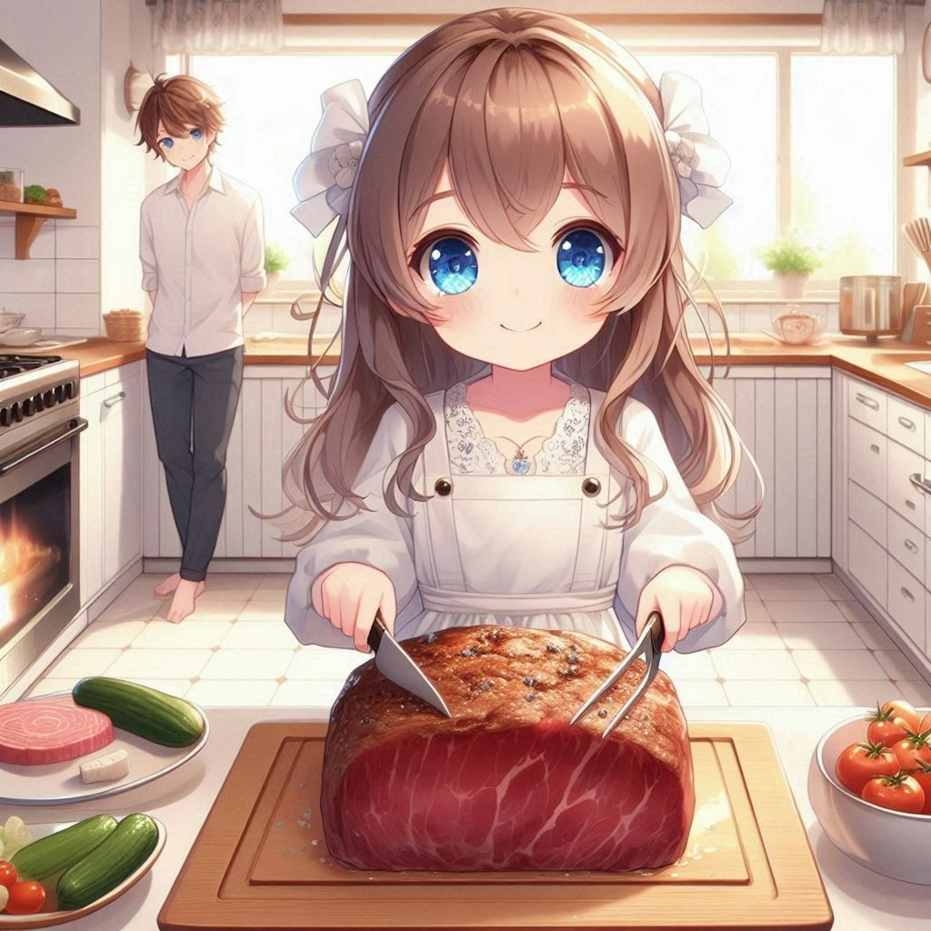 恋人のために肉料理を作る小さな女の子