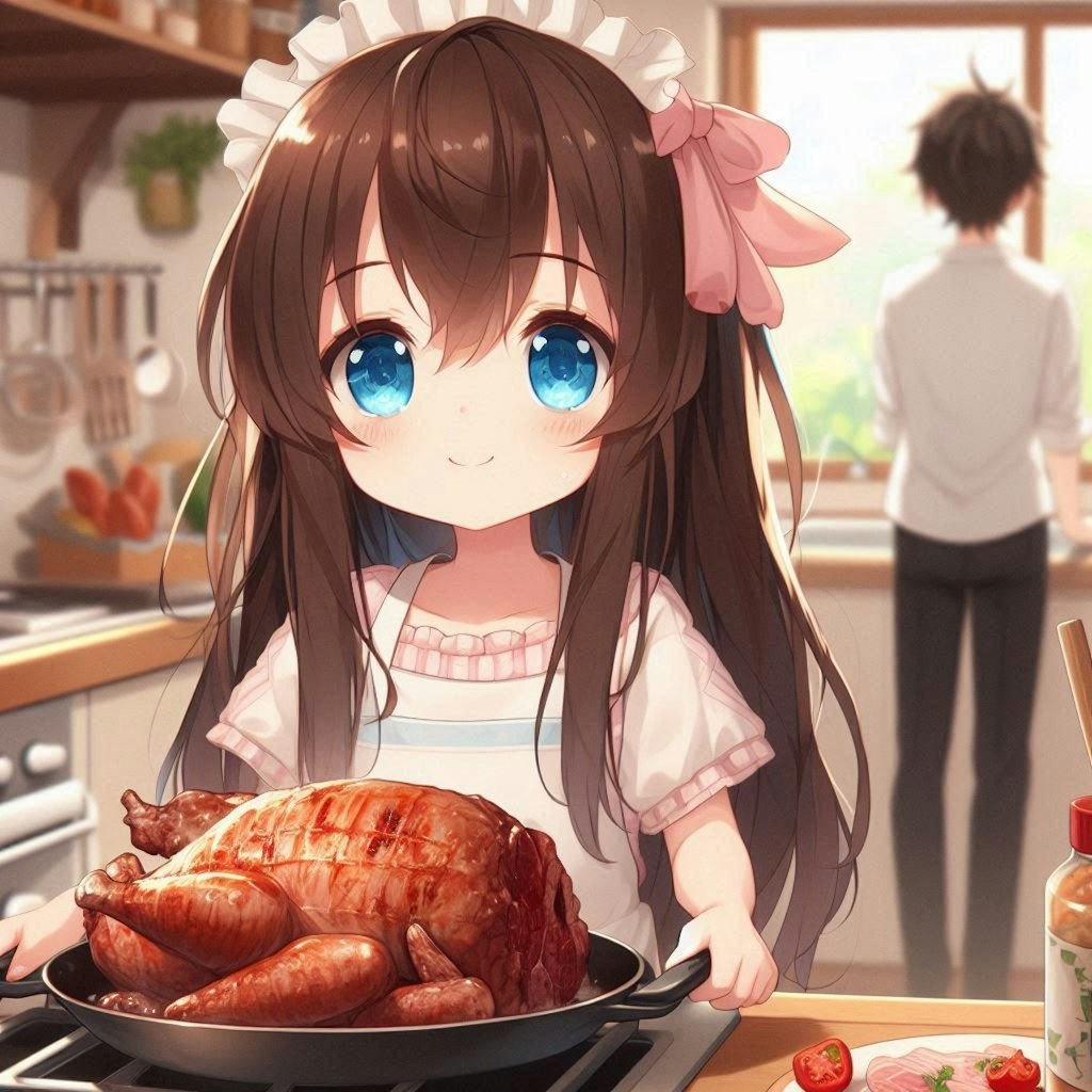 恋人のために肉料理を作る小さな女の子