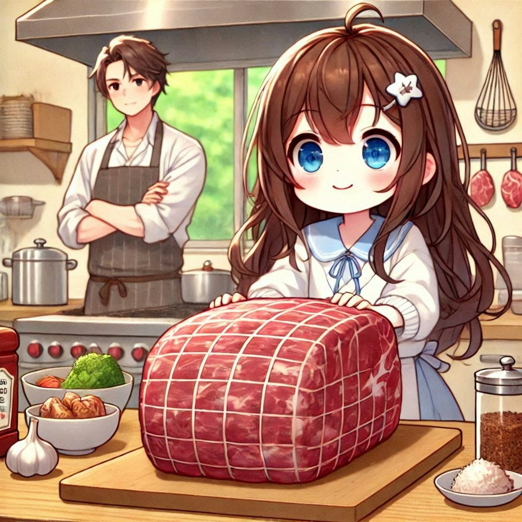 恋人のために肉料理を作る小さな女の子