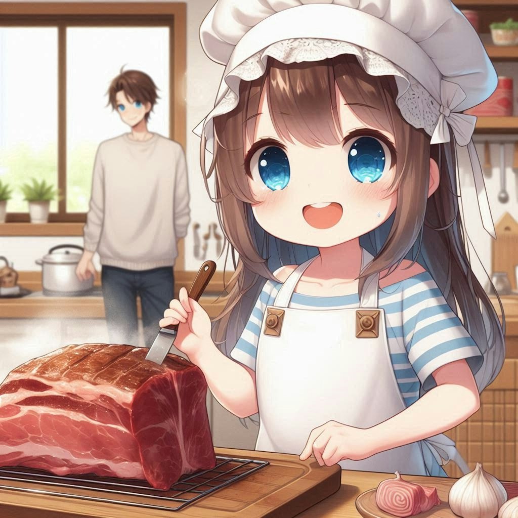 恋人のために肉料理を作る小さな女の子