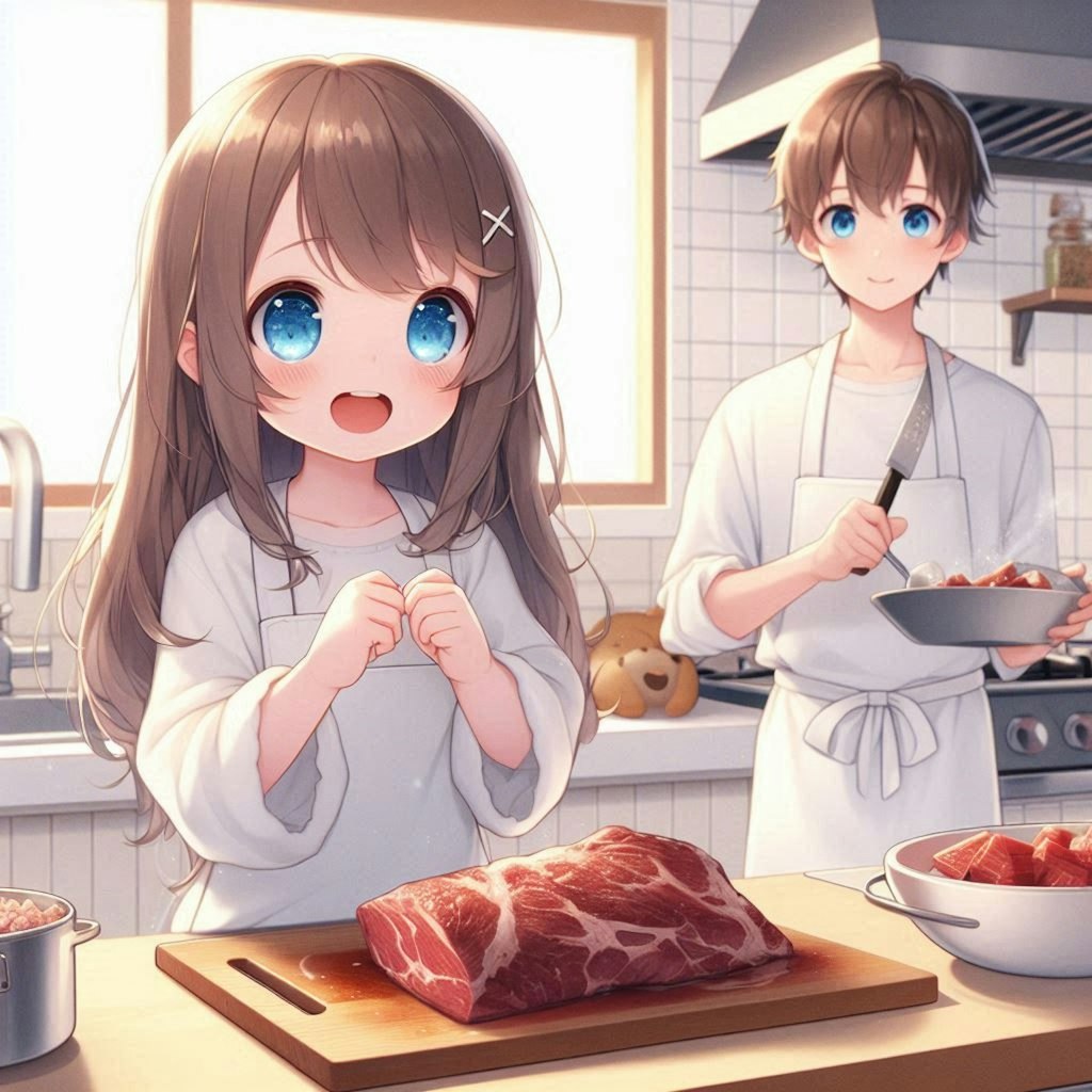 恋人のために肉料理を作る小さな女の子