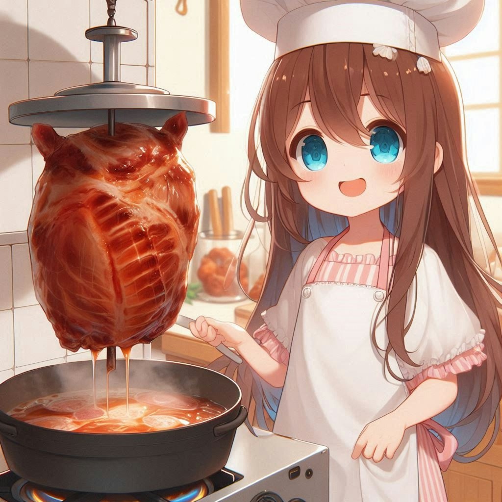 恋人のために肉料理を作る小さな女の子