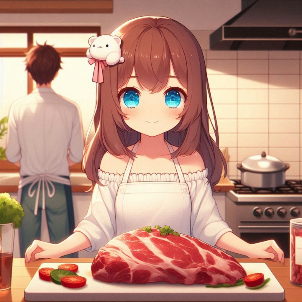 恋人のために肉料理を作る小さな女の子