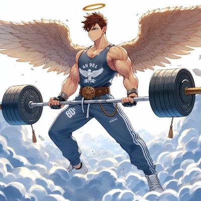 重量挙げをしている天使の男性