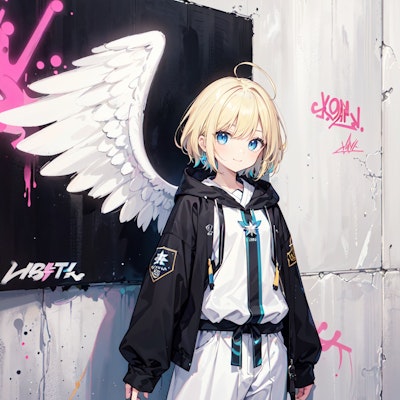 片翼の天使の絵とカジュアルな服装のシスター