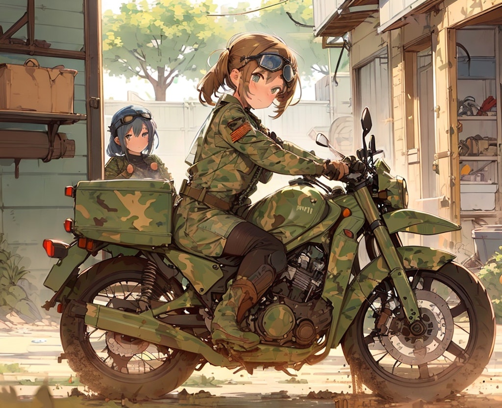 整備兵と迷彩塗装バイク