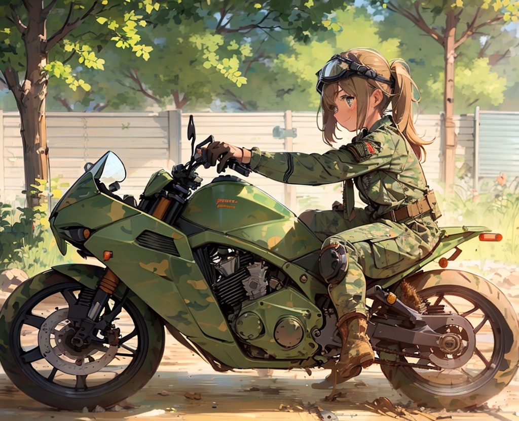 整備兵と迷彩塗装バイク