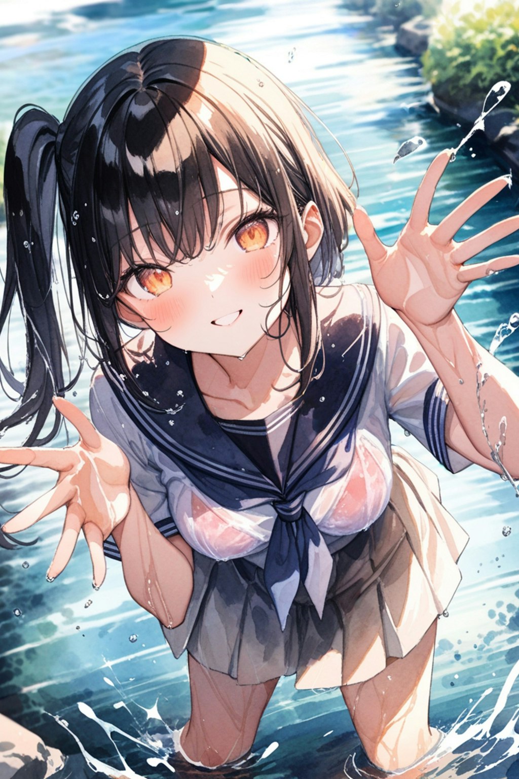 夏の水遊び【水彩画風】