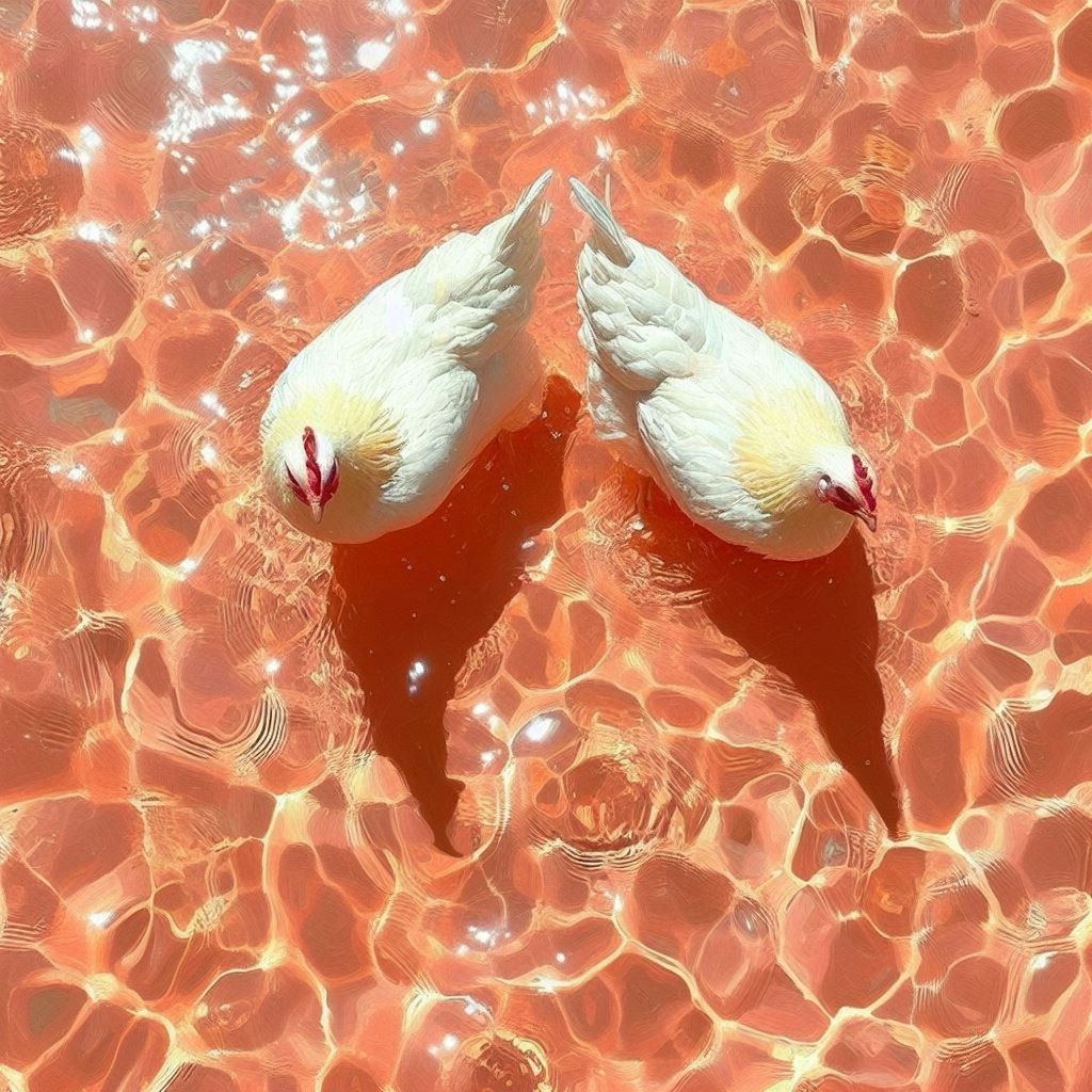 Hens in pink-orange water