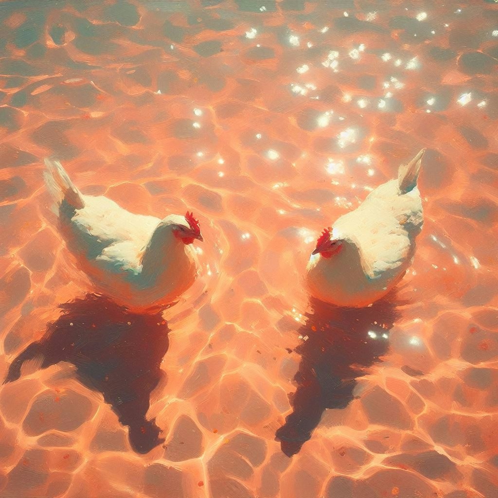 Hens in pink-orange water