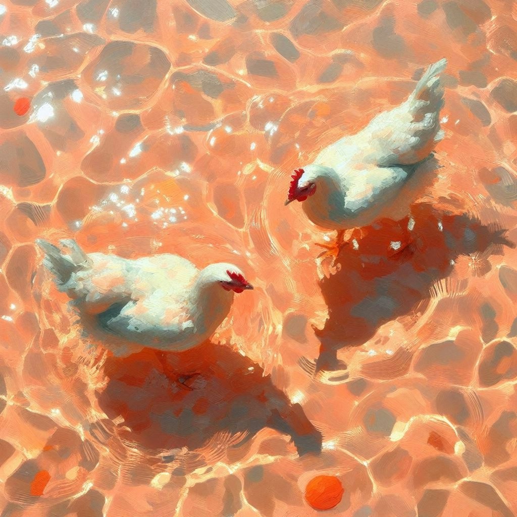 Hens in pink-orange water