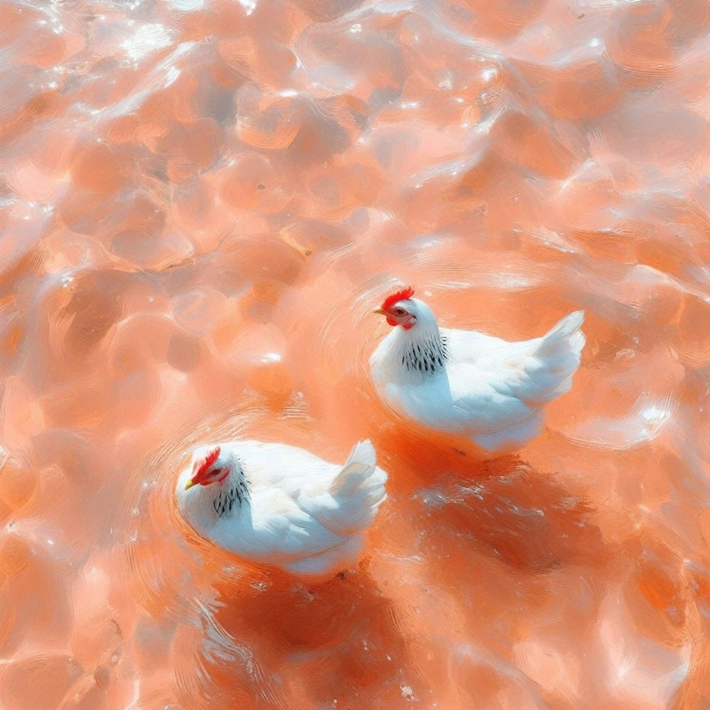 Hens in pink-orange water