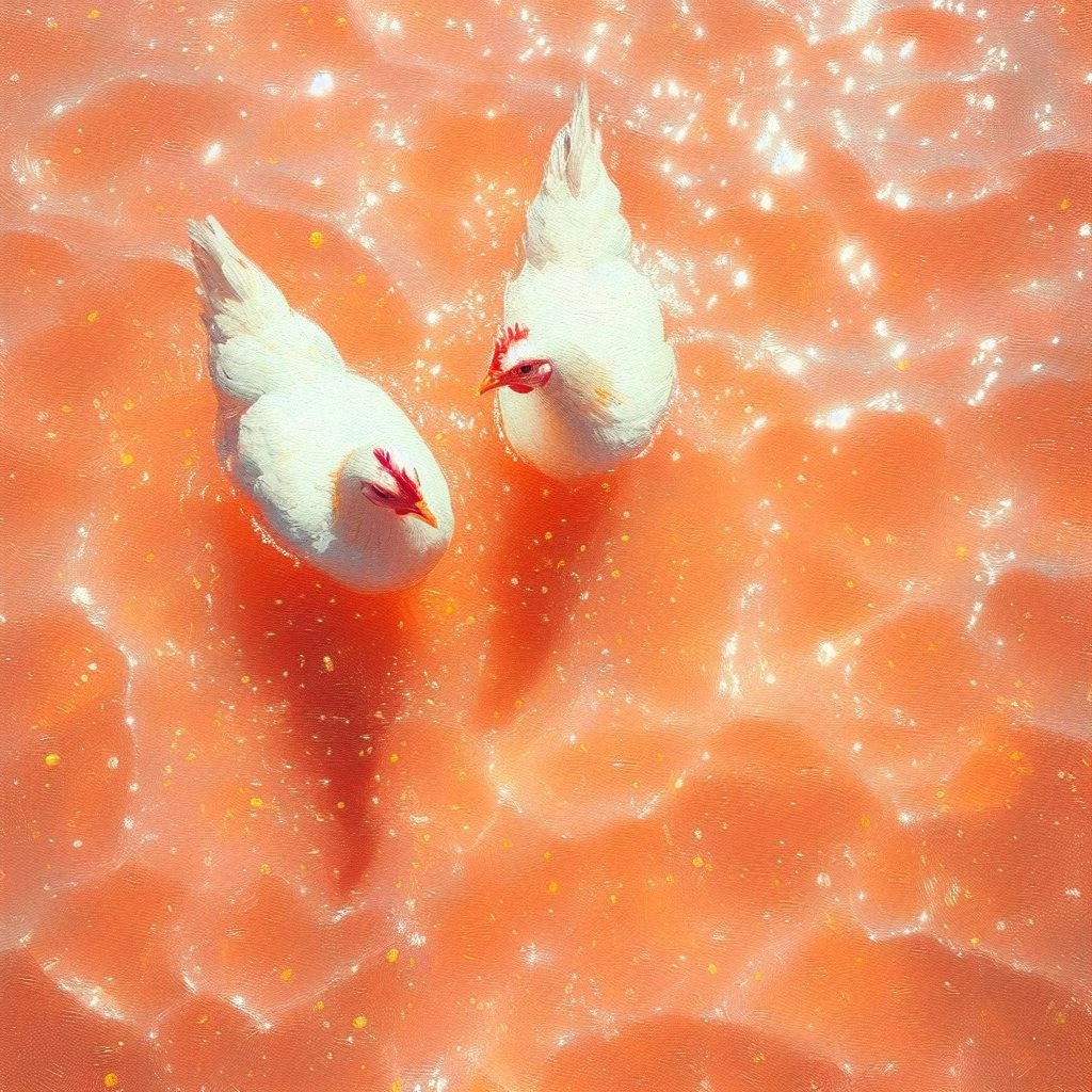 Hens in pink-orange water