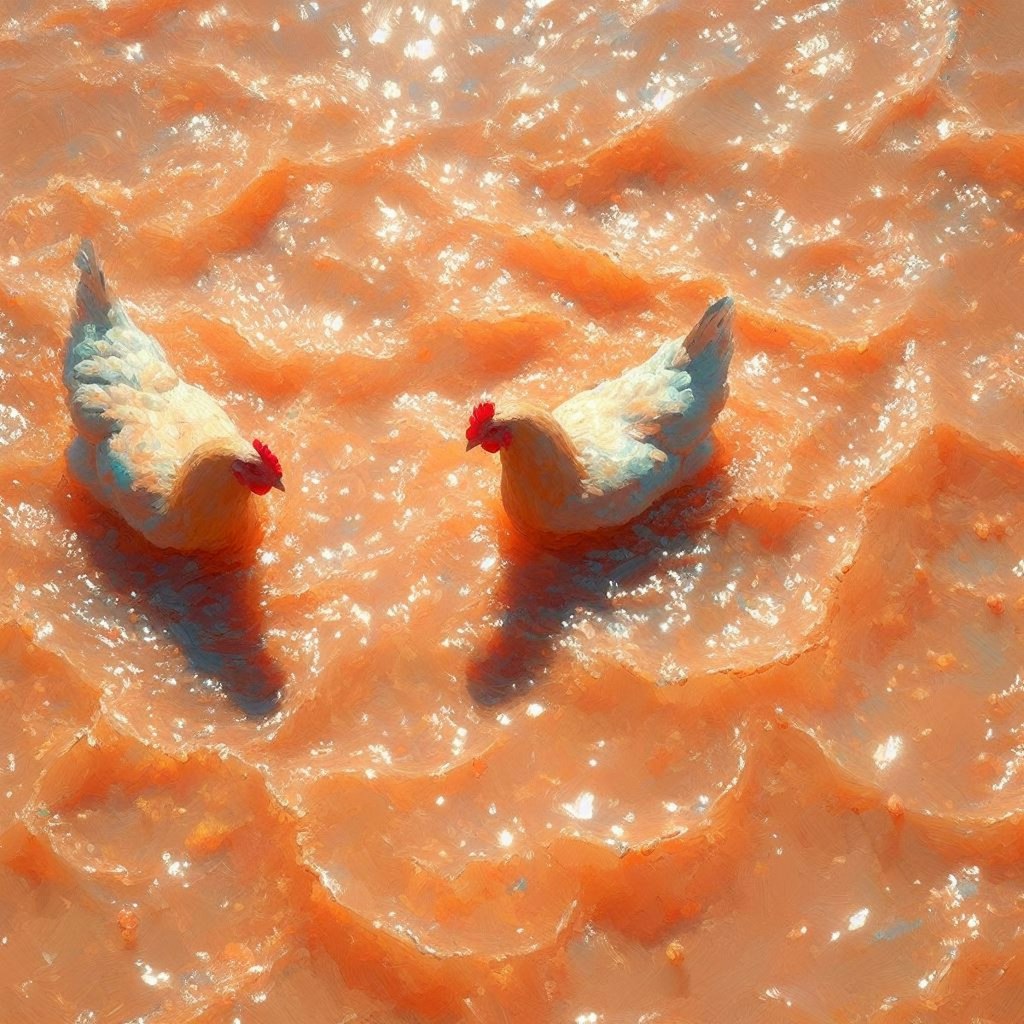 Hens in pink-orange water