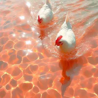 Hens in pink-orange water