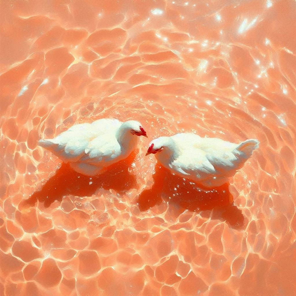 Hens in pink-orange water