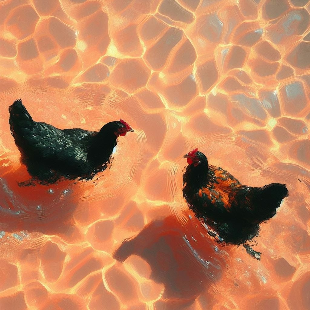 Hens in pink-orange water