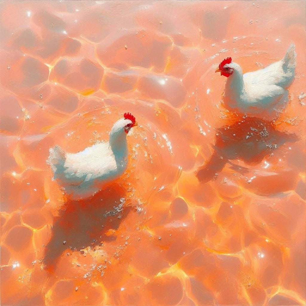 Hens in pink-orange water