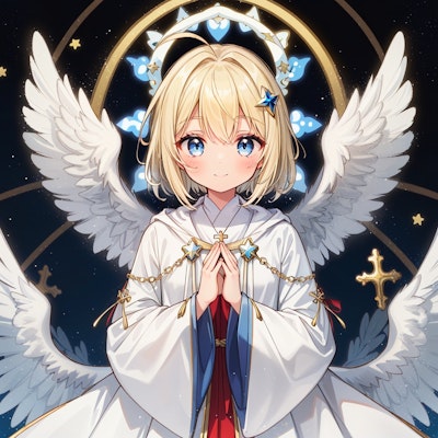 4つの天使の羽根と祈るシスター