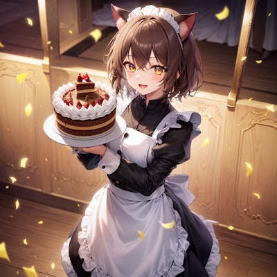 御祝いのケーキを贈呈する猫娘