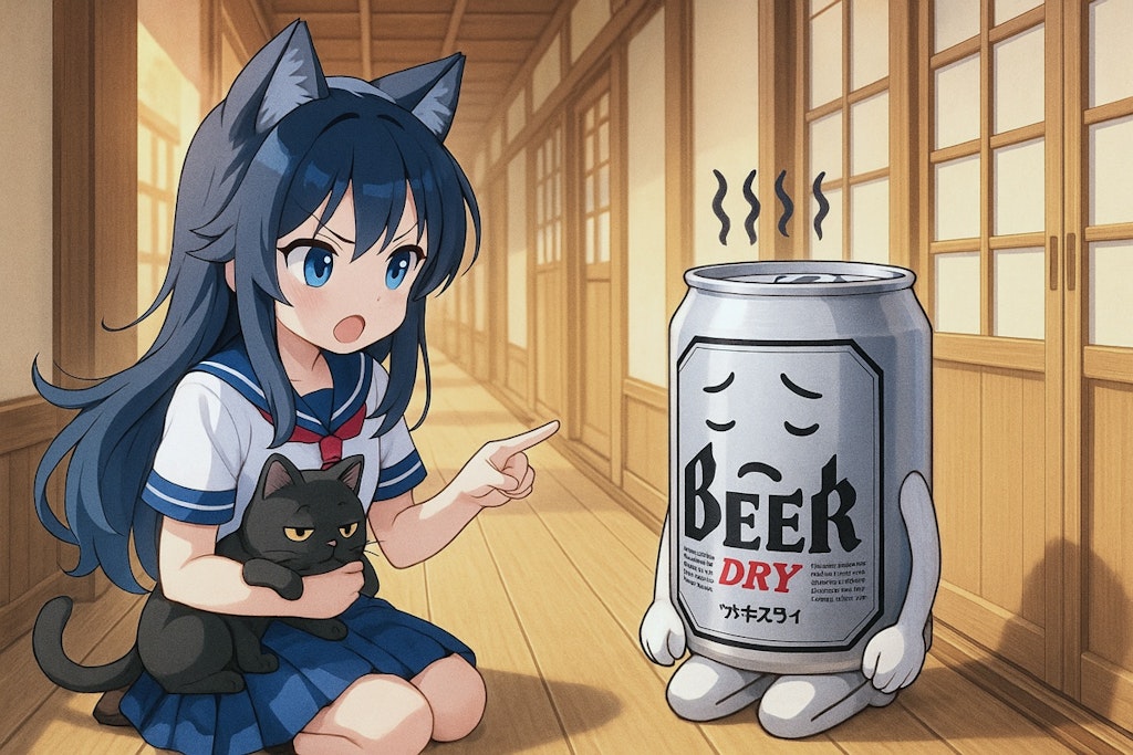 女の子達にお説教されるビール缶