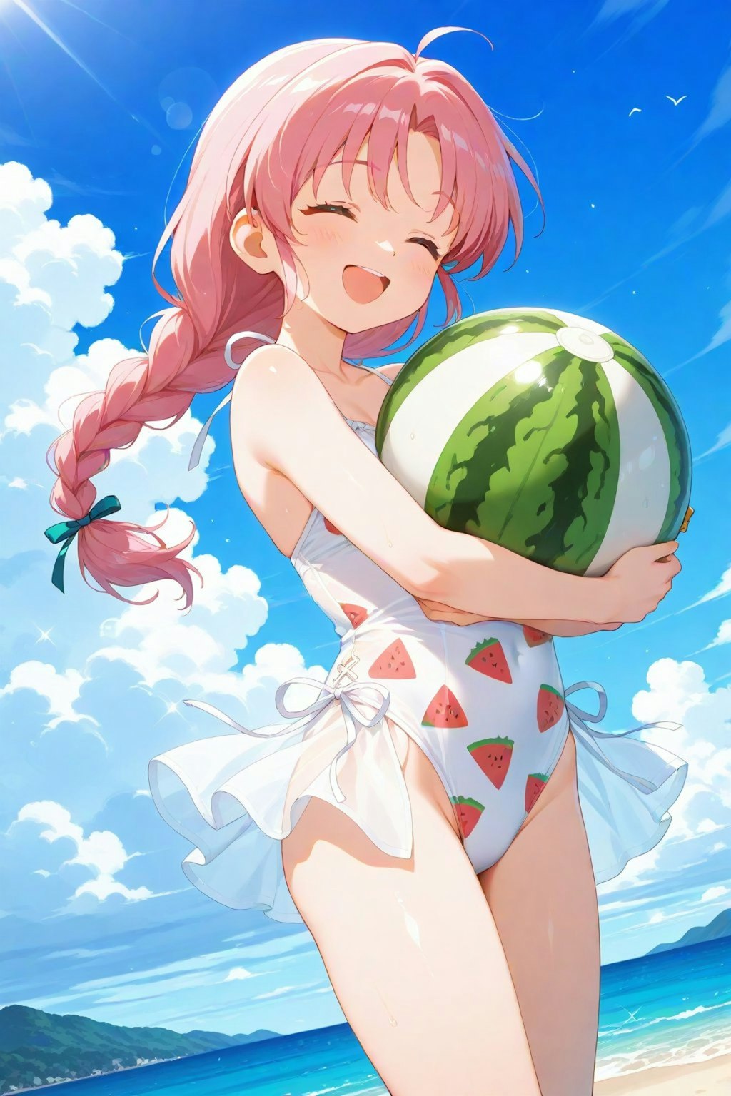 🍉スイカ水着の桃色おさげさん(*´ω｀*)