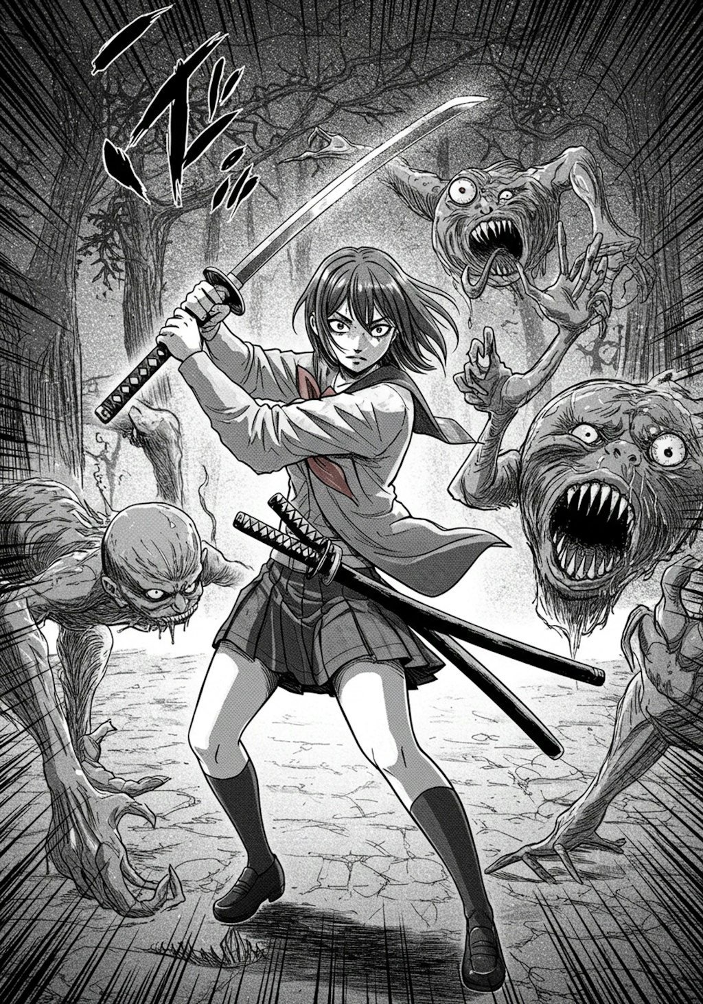 10ページAI漫画「侍の魂が宿ったJKの逆襲！～覚醒した八人のJK～」（imageFX製）