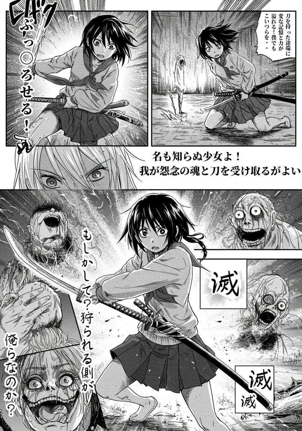 10ページAI漫画「侍の魂が宿ったJKの逆襲！～覚醒した八人のJK～」（imageFX製）