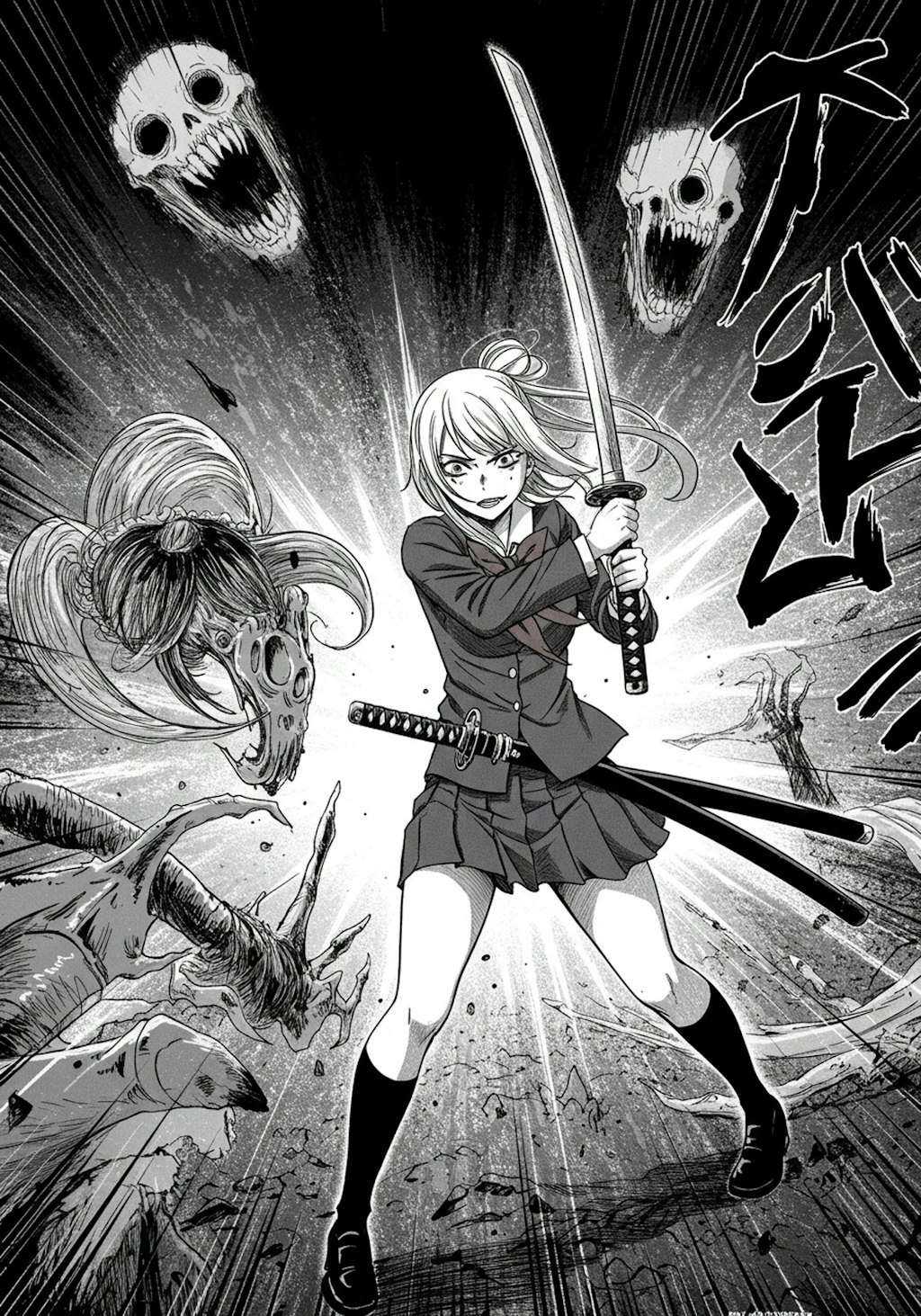 10ページAI漫画「侍の魂が宿ったJKの逆襲！～覚醒した八人のJK～」（imageFX製）