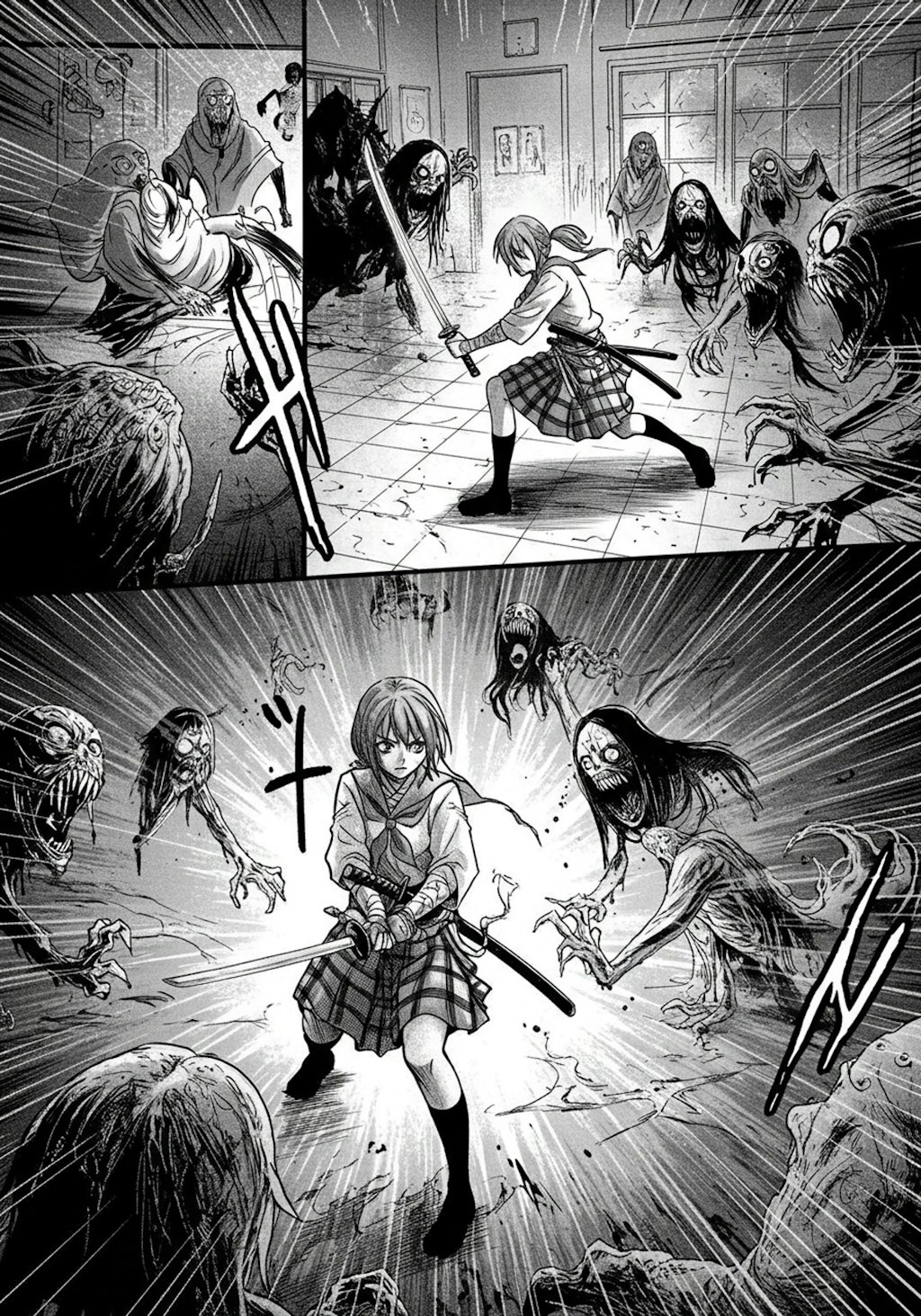 10ページAI漫画「侍の魂が宿ったJKの逆襲！～覚醒した八人のJK～」（imageFX製）