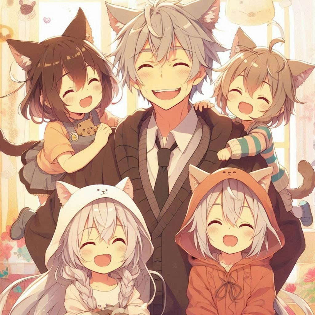 お孫さん達と記念撮影している猫獣人さん
