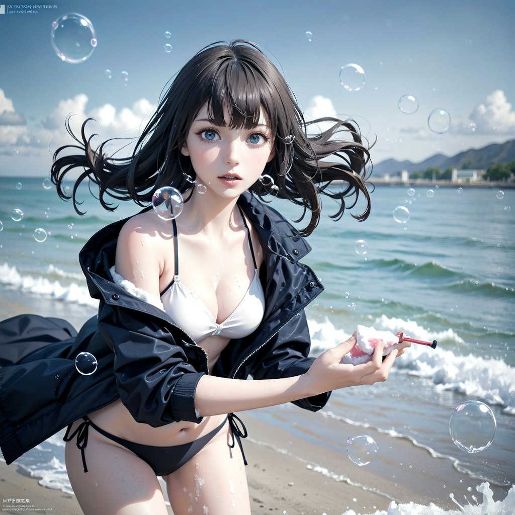 海とシャボン玉，ocean and soap bubbles