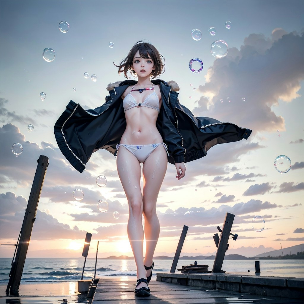 海とシャボン玉，ocean and soap bubbles