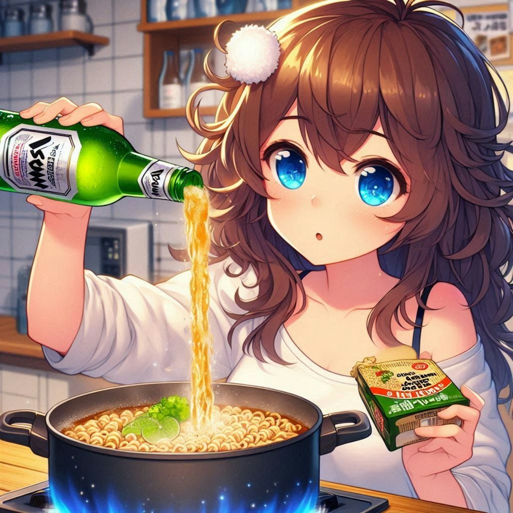 ビールでラーメンを作る小さな女の子