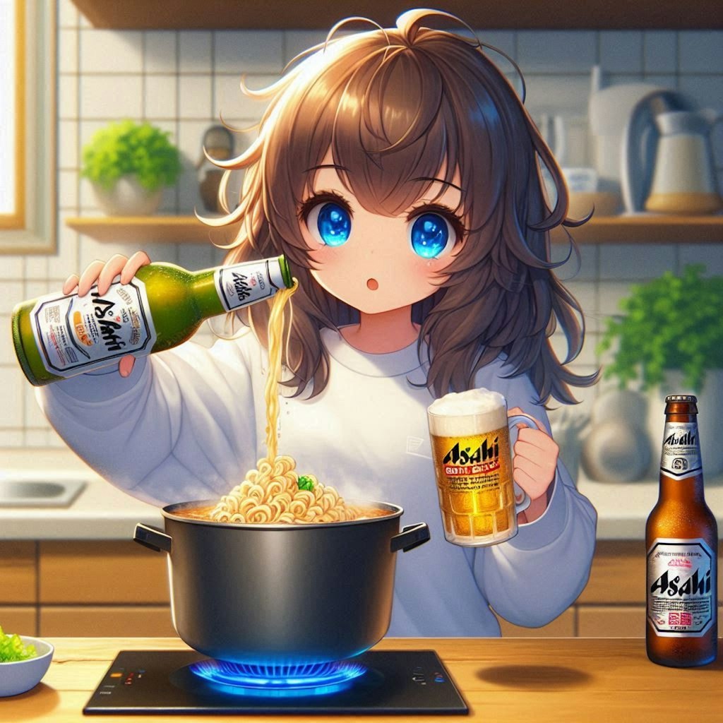 ビールでラーメンを作る小さな女の子