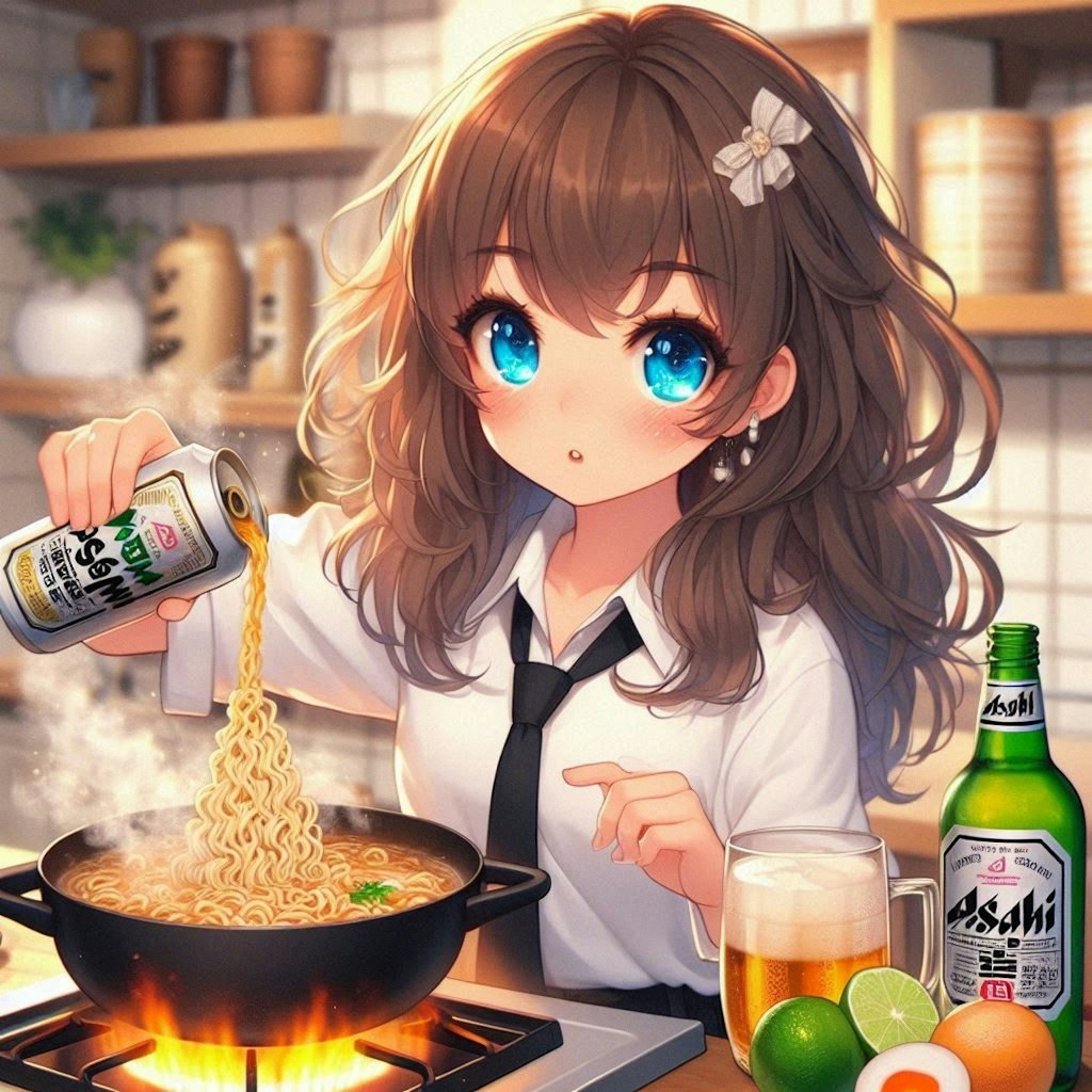 ビールでラーメンを作る小さな女の子