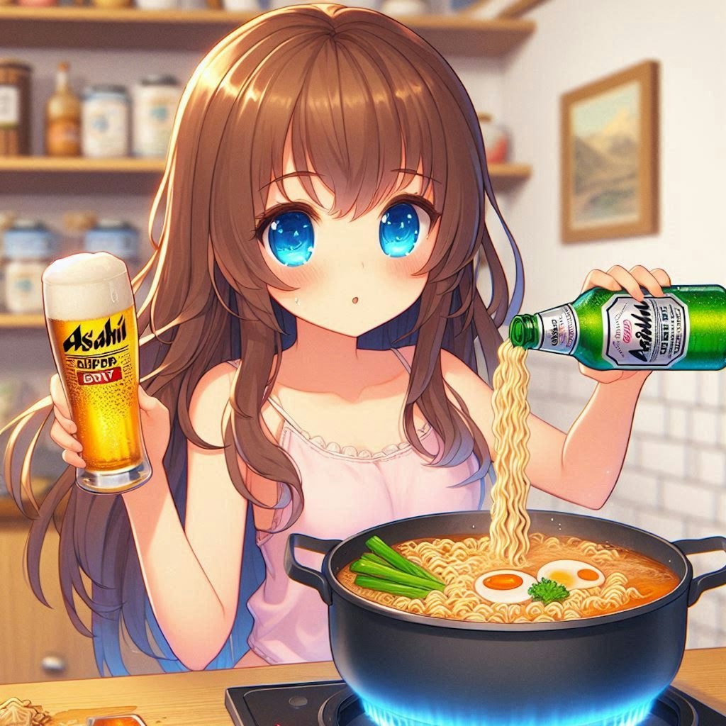 ビールでラーメンを作る小さな女の子