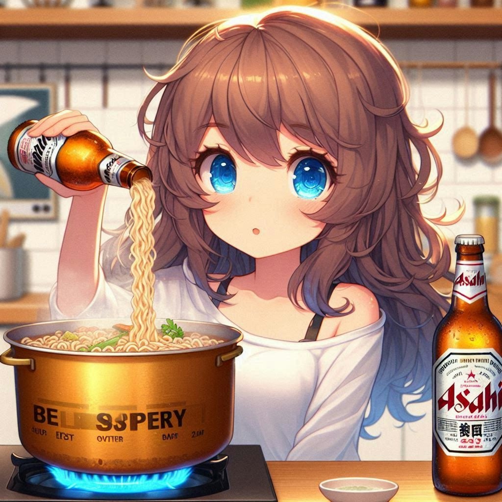 ビールでラーメンを作る小さな女の子