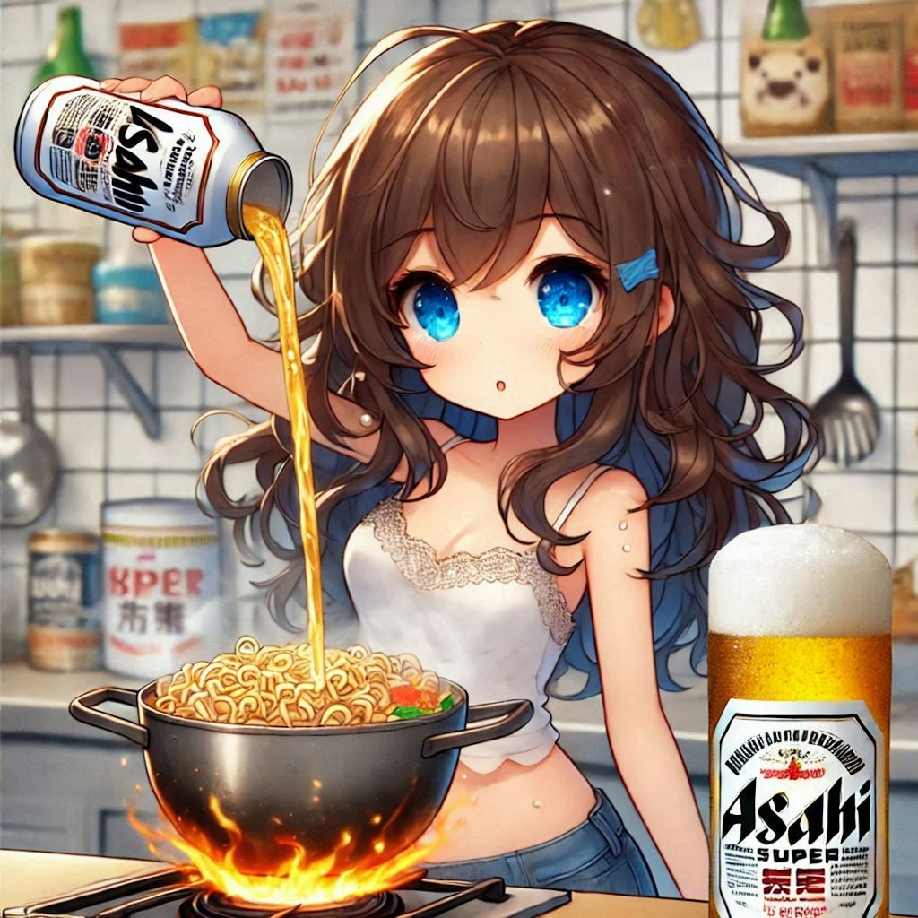 ビールでラーメンを作る小さな女の子