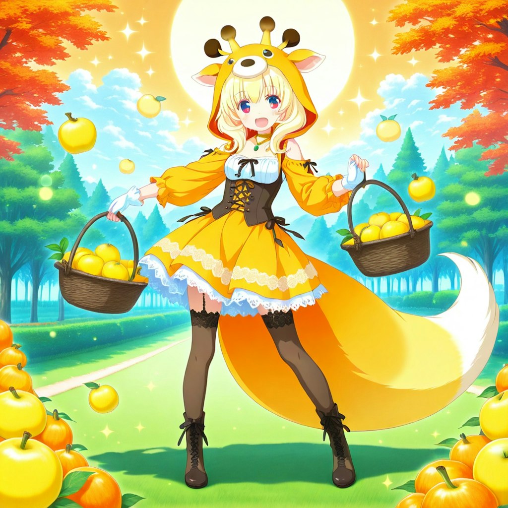 洋梨を収穫するキリンフーディーちび子ちゃん